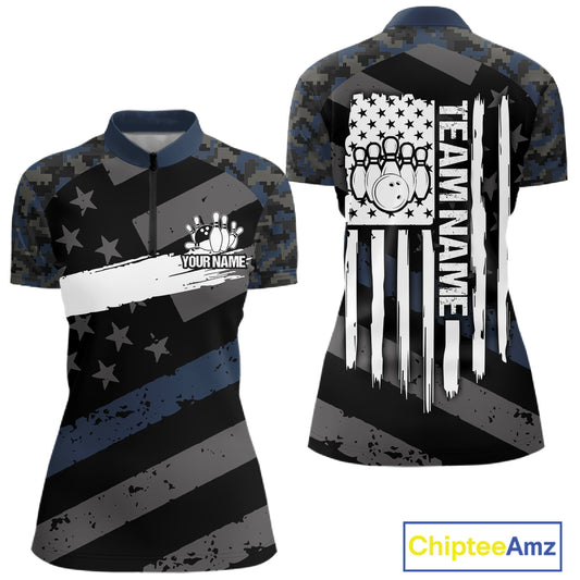 Blue Camo American Flag Bowling Jerseys for Women Custom Patriotic Bowling League Team Shirts TDM7470