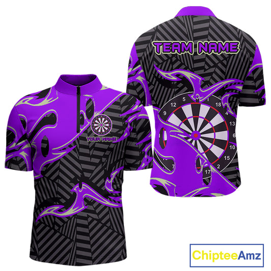Custom Black And Purple Tribal Flame Dart Shirts For Men, Darts Team Jerseys Polo & Quarter Zip TDM3971