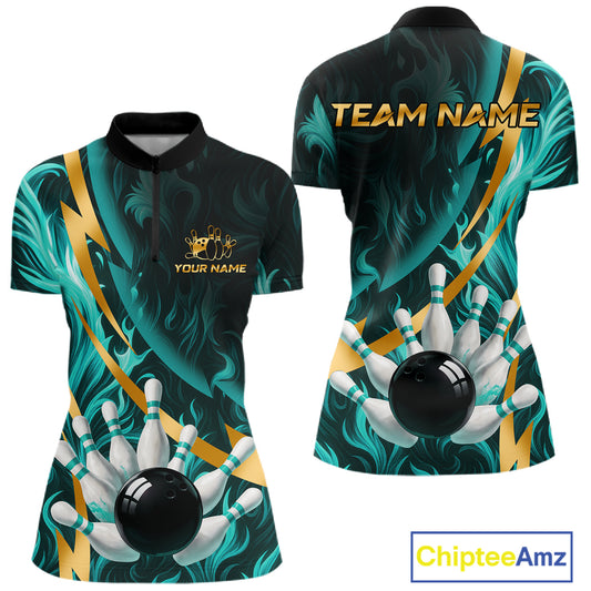 Personalized Teal Flame And Gold Bowling Shirts For Women Custom Bowling Team Jersey Polo & 1/4 Zip TDM7481