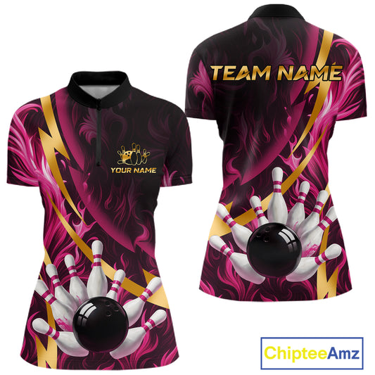 Personalized Pink Flame And Gold Bowling Shirts For Women Custom Bowling Team Jersey Polo & 1/4 Zip TDM7482