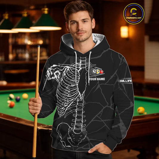 Black And White Funny Skeleton Billiard Hoodie For Men Women Custom Pool Team Shirt, Billiard Jersey TDM2723