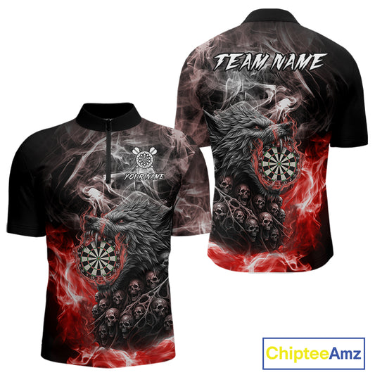 Personalized Wolf And Skull Smoke Red Mens Dart Shirts Custom Dart Jerseys Team Polo & 1/4 Zip TDM5185