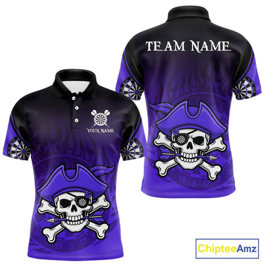 Black Purple Funny Pirate Flame Skull Darts Shirt For Men Custom Dart Jerseys Team Polo & 1/4 Zip TDM5704