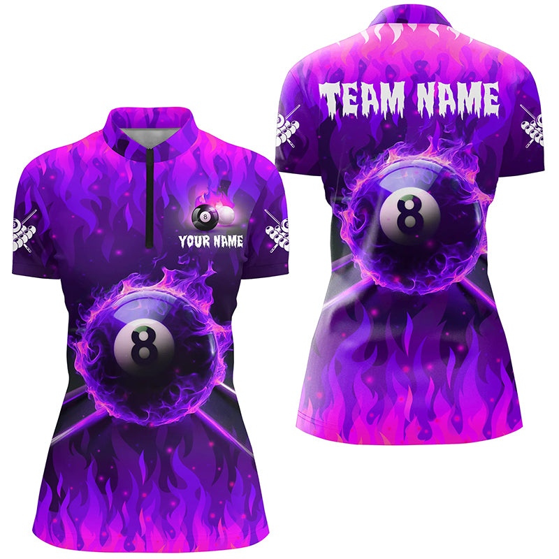 Personalized Purple 3D 8 Ball Pool & Fire Women Quarter-Zip Shirt Custom Billiard Apparel TDM1436