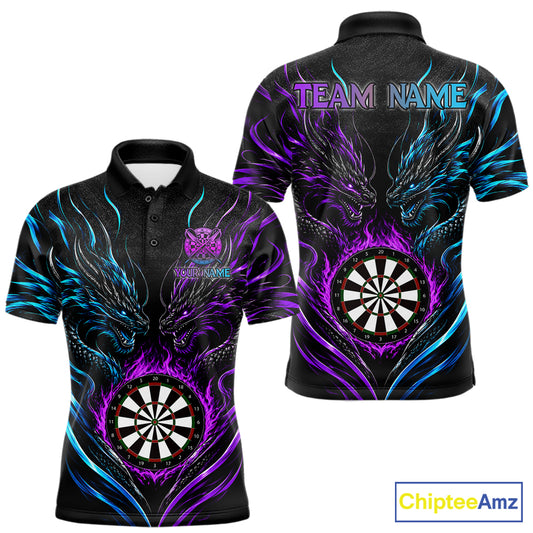 Blue And Purple Custom Dragon Fire Darts Shirts For Men, Darts League Team Jersey Polo & 1/4 Zip TDM7851