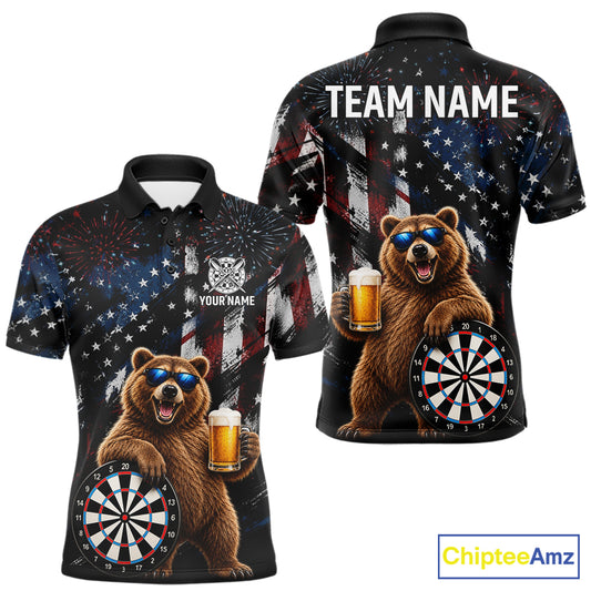 Funny Bear Grunge American Flag Darts Shirt For Men Custom Darts Jersey Team Polo & 1/4 Zip TDM7854