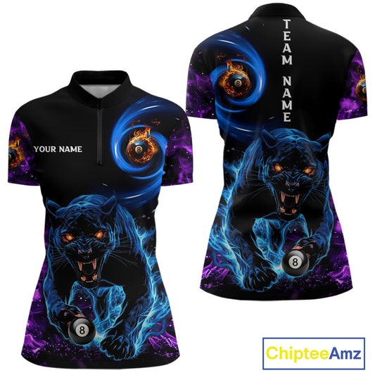 Personalized Blue Purple Flaming 3D Panther Billiard Shirts For Women, Cool Team Billiard Jerseys TDM5196