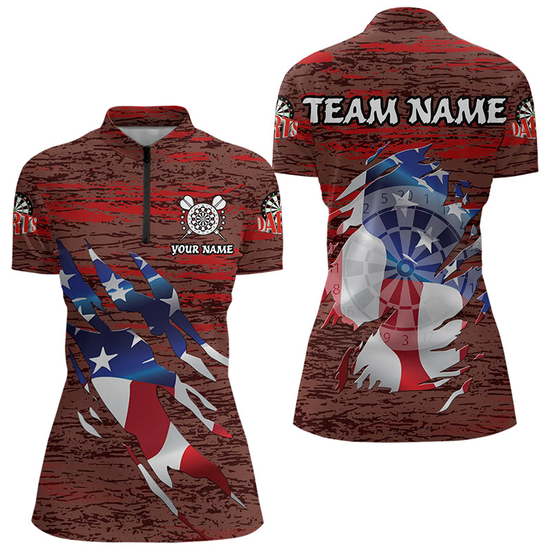Personalized Red Grunge American Flag Darts Shirts For Women Custom Patriotic Darts Team Jerseys TDM3214