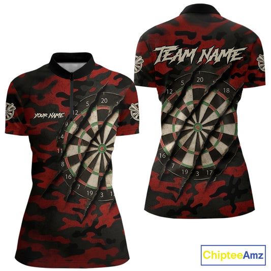 Black And Red Retro Camo Darts Shirt For Women Custom Darts Jersey Team Polo & Quarter Zip TDM5456