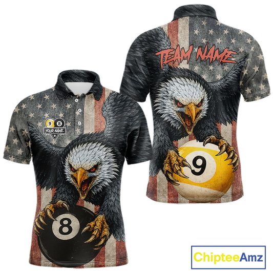 Personalized 8 Ball & 9 Ball Vintage American Flag Eagle Billiard Shirt For Men, Pool Team Jersey TDM5720