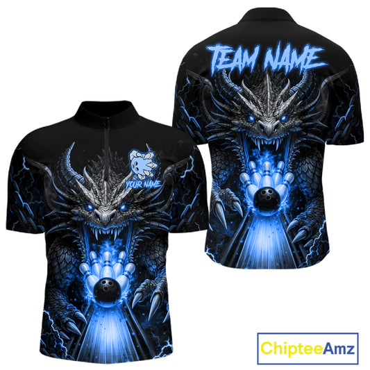 Personalized Dragon Bowling Jersey For Men Custom Blue Flame Bowling Team Shirt Polo & 1/4 Zip TDM7868