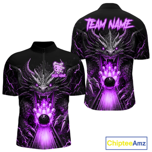 Personalized Dragon Bowling Jersey For Men Custom Purple Flame Bowling Team Shirt Polo & 1/4 Zip TDM7869