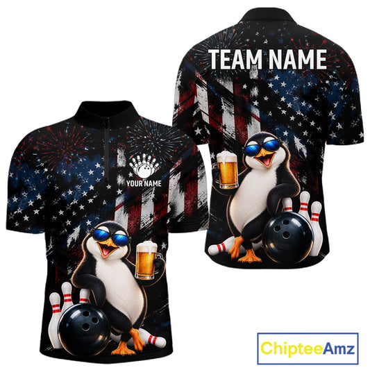 Funny Penguin Grunge American Flag Bowling Shirt For Men Custom Bowling Jersey Team Polo & 1/4 Zip TDM7871