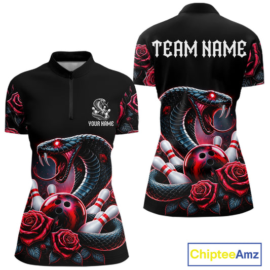 Personalized Cobra Snake And Roses Bowling Shirt For Women, Bowling League Team Jersey Polo, 1/4 Zip TDM7873