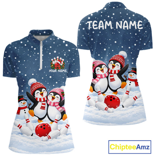 Blue-Grey Funny Penguins Christmas Bowling Shirts For Women Custom Bowling Team Jersey, Bowling Gift TDM7876