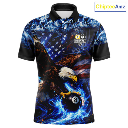 Blue Flaming Eagle 8 Ball 9 Ball Pool Billiard Shirt For Men Custom American Flag Billiard Jersey TDM5729