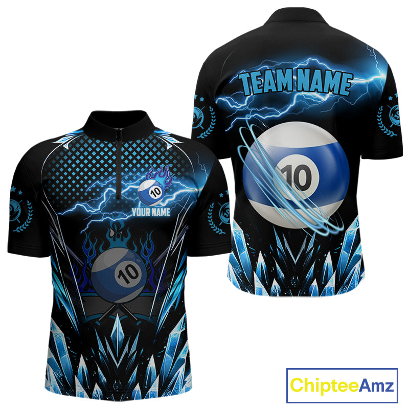 Custom Blue Icy Lightning 10 Ball Pool Men Quarter-Zip Shirts, Billiard Team League Jersey TDM1446