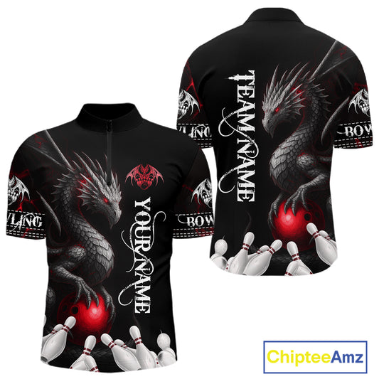 Black And Red Custom Dragon Bowling Polo, 1/4 Zip Shirt For Men, Bowling Team League Jersey TDM7888