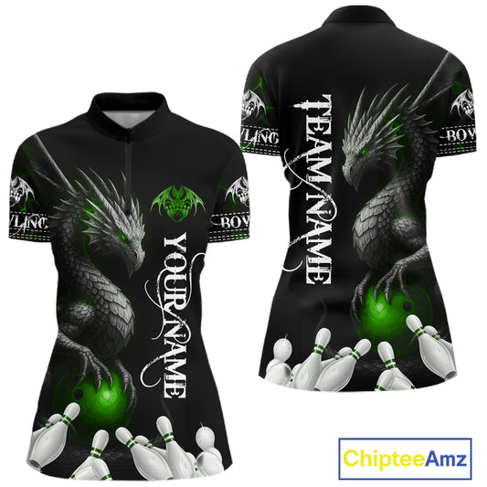 Black And Green Custom Dragon Bowling Polo, Quarter Zip Shirt For Women, Bowling Team League Jersey TDM7890