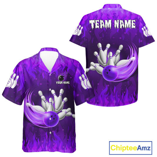 Personalized Flame Purple Hawaiian Bowling Shirt For Women Custom Fire Bowling Team Jersey TDM6091