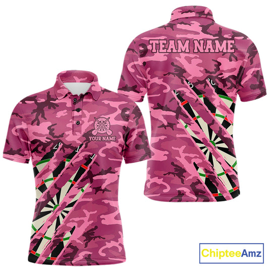 Personalized pink military camo darts league team jersey polo shirt for men featuring pink camouflage artwork, premium custom darts league apparel for tournaments and competitive teams.