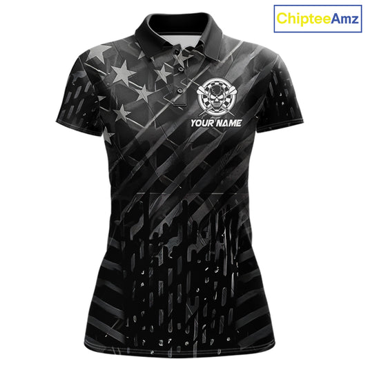 Personalized Black US Flag Skull Darts Shirt For Women Custom Darts League Team Jersey Polo, 1/4 Zip TDM7522