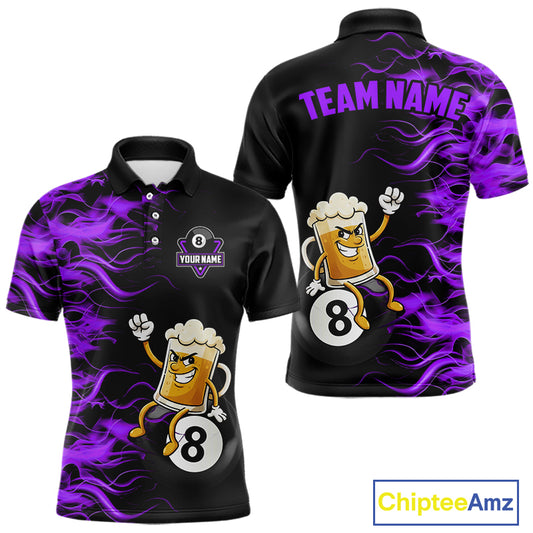 Purple Flaming Funny Beer 8 Ball Billiard Shirt For Men Custom Pool Team Jersey Polo & 1/4 Zip TDM5938
