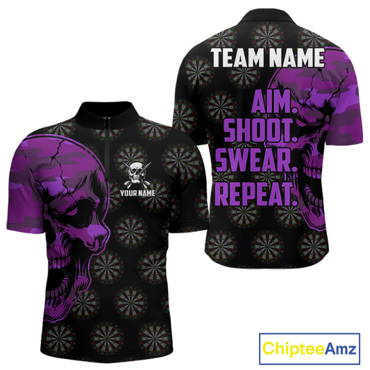 Funny Purple Camo Darts Skull Aim Shoot Swear Repeat Custom Dart Shirts For Men, Darts Team Jersey TDM4798