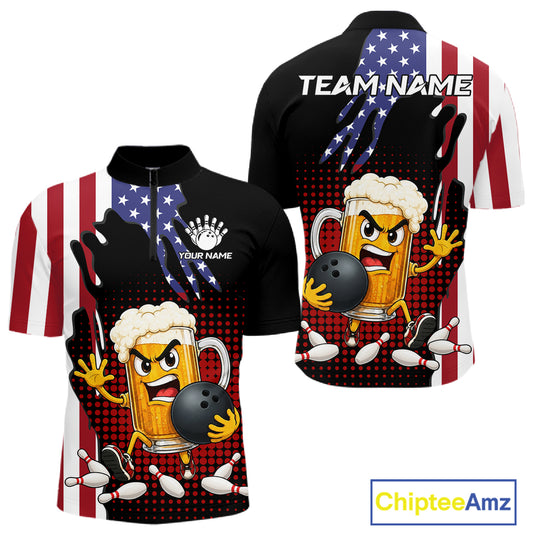 American Flag Funny Beer Bowling Shirts For Men Custom Patriotic Bowling Team Jersey Polo, 1/4 Zip TDM7543
