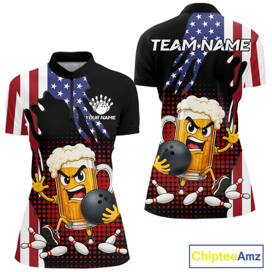 American Flag Funny Beer Bowling Shirts For Women Custom Patriotic Bowling Team Jersey Polo, 1/4 Zip TDM7543