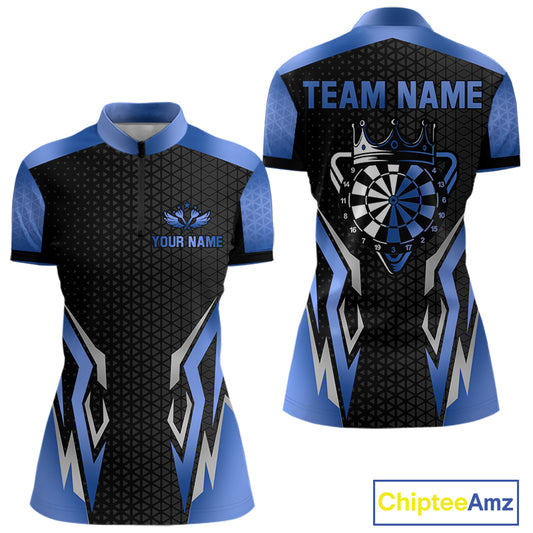 Black And Blue Funny Crown Darts Shirt For Women Custom Darts Jerseys Team Polo & Quarter Zip TDM5018