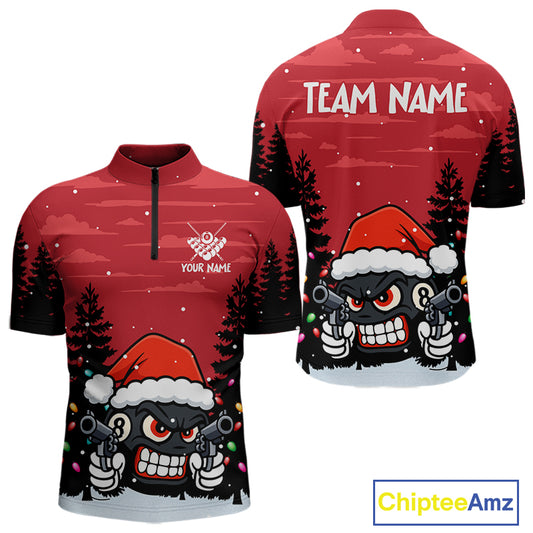 Personalized Red Christmas Santa 8 Ball Pool Billiard Shirts For Men, Funny Xmas Billiard Jerseys TDM5221