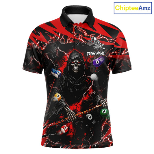 Red grim reaper lightning 8 ball billiard polo shirt for men with custom pool team graphics.