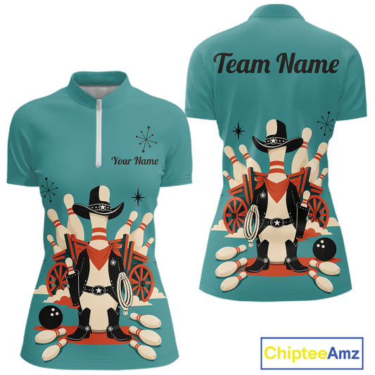 Custom Retro Funny Cowboy Bowling Shirts For Women, Personalized Bowling Team Jersey Polo, 1/4 Zip TDM7567
