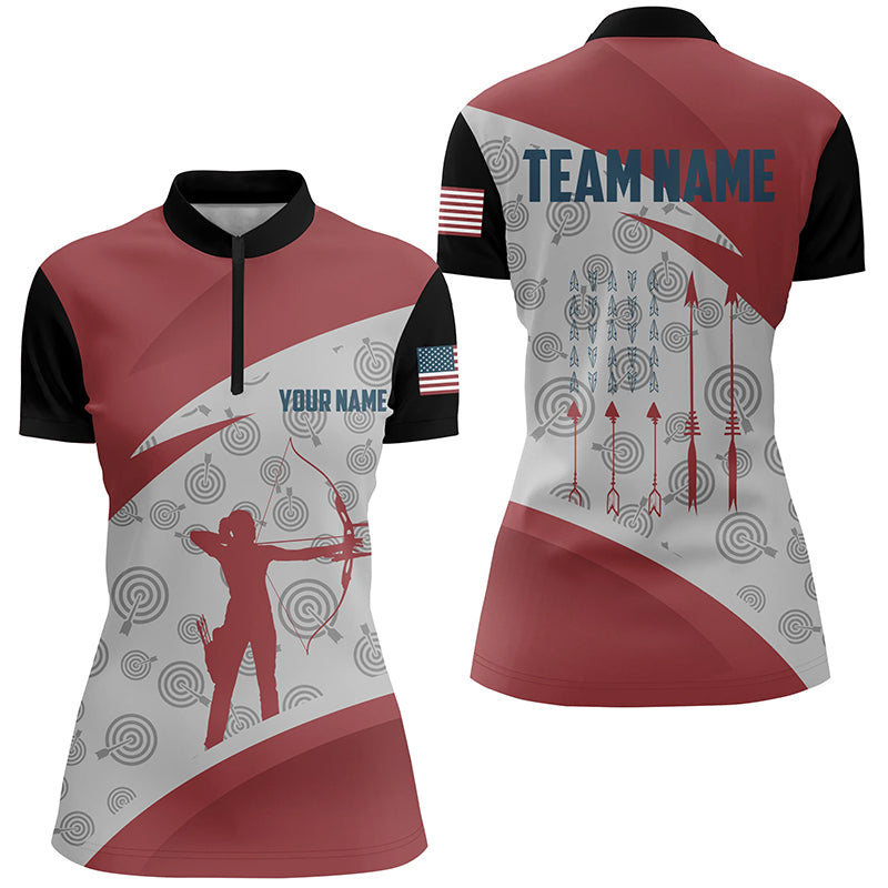 Personalized Archery Jerseys Red Silhouette Women Quarter-Zip Shirts Gifts For Archery Team TDM0605