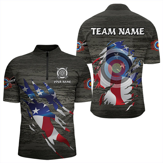 Personalized Grey Grunge USA Flag Archery Shirts For Men, American Patriotic Archery Team Jerseys TDM3243