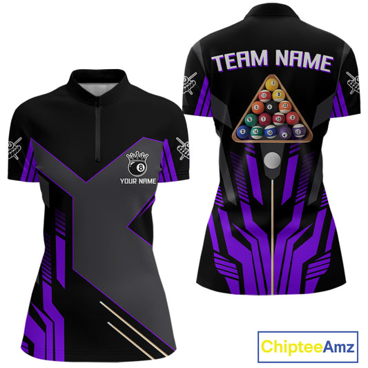 Personalized Purple Black 8 Ball Pool Shirt For Women, Billiard League Team Jersey Polo & 1/4 Zip TDM4227
