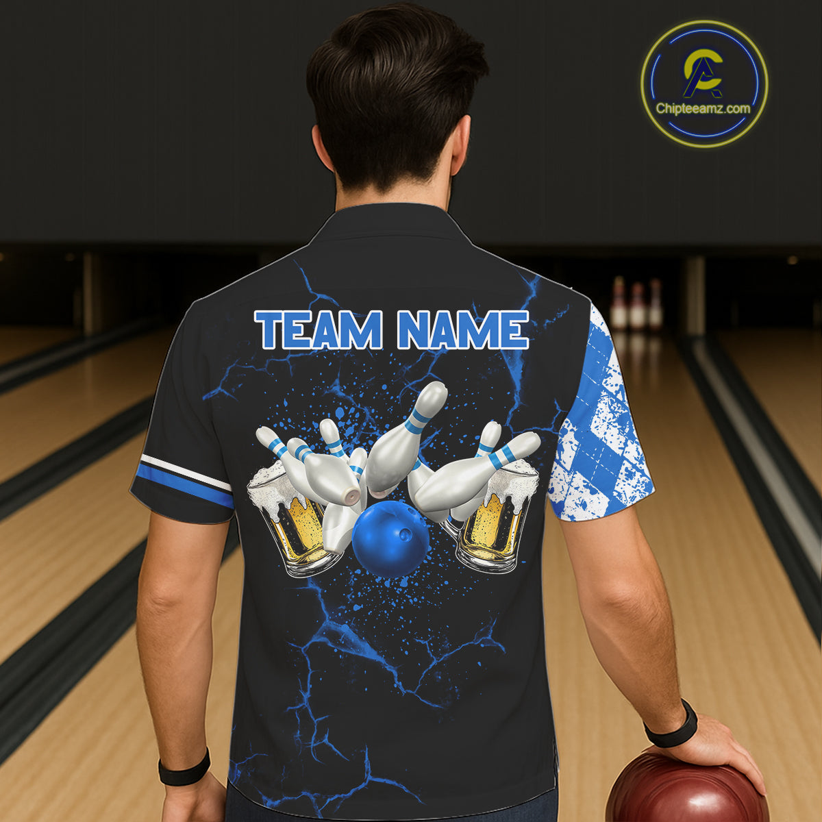 Black And Blue Argyle Pattern Beer Bowling Hawaiian Shirts Custom Bowling Button-Up Team Jersey TDM7583
