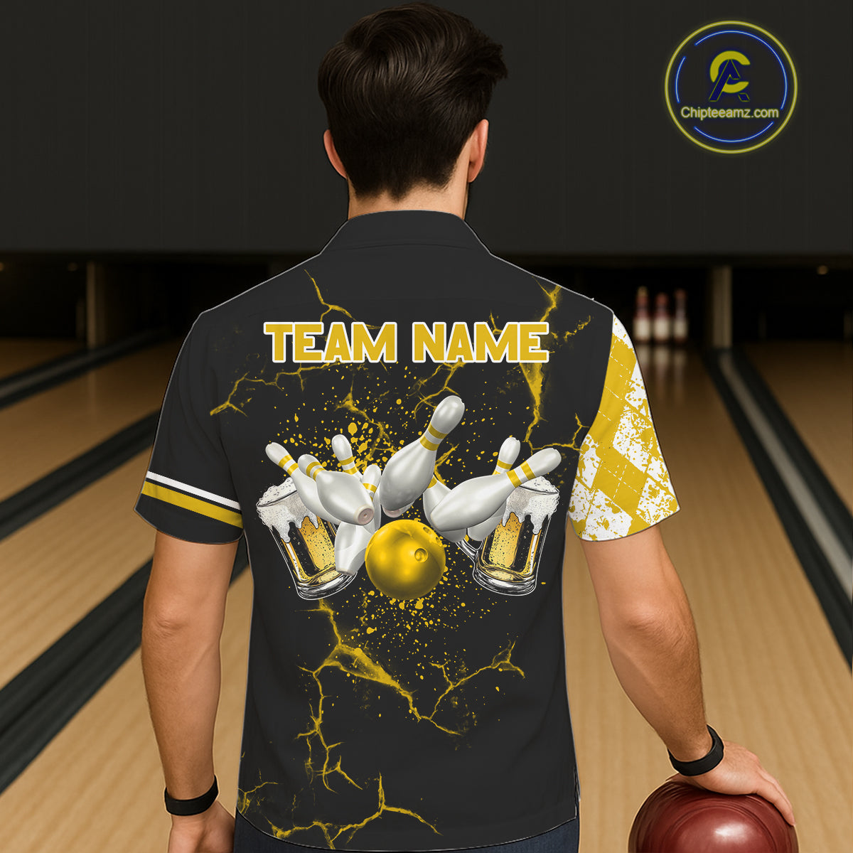 Yellow And Black Argyle Pattern Beer Bowling Hawaiian Shirts Custom Bowling Button-Up Team Jersey TDM7584