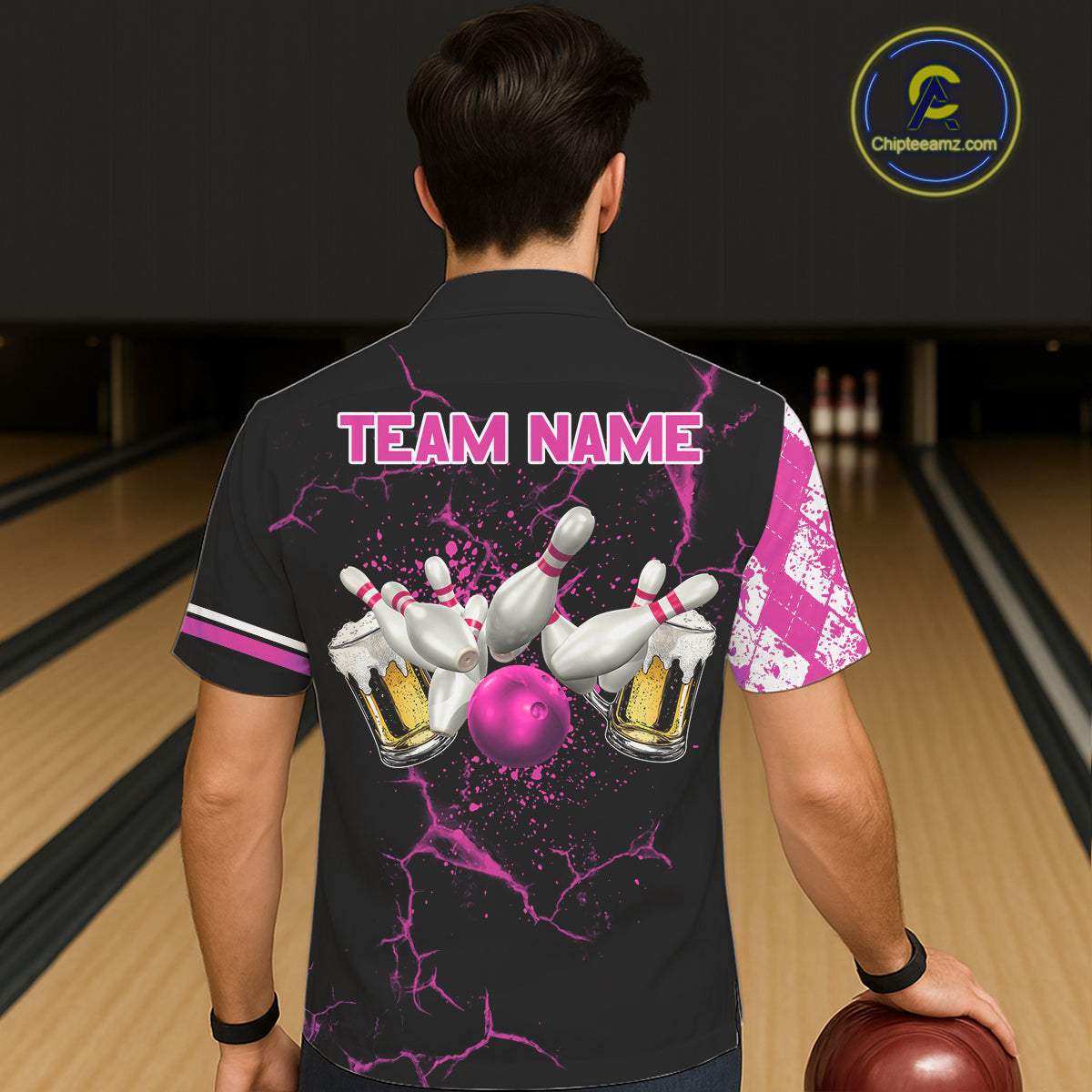 Pink And Black Argyle Pattern Beer Bowling Hawaiian Shirts Custom Bowling Button-Up Team Jersey TDM7585