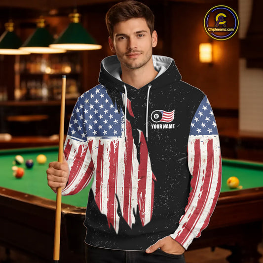 Personalized Grunge American Flag Billiard Hoodie Custom Patriotic 8 Ball Hoodie Pool Team Shirt TDM5243