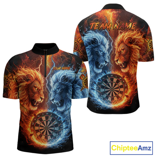 Blue And Orange Water Fire Lion Darts Shirt For Men Custom Lightning Dart Jerseys Polo & 1/4 Zip TDM5249