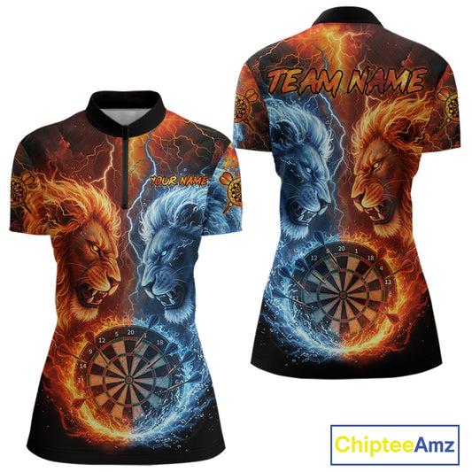 Blue And Orange Water Fire Lion Darts Shirt For Women Custom Lightning Dart Jerseys Polo & 1/4 Zip TDM5249