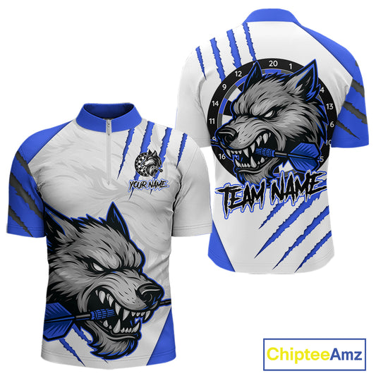 Blue And White Custom Claw Wolf Dart Shirts For Men, Dart Team Shirt Polo & 1/4 Zip, Dart Jerseys TDM4032