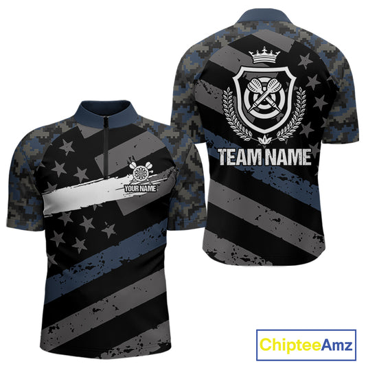 Blue Camo American Flag Darts Jersey For Men Custom Grunge Darts Shirt Team Polo & Quarter Zip TDM5031