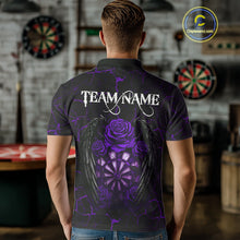 Load image into Gallery viewer, Personalized Skeleton Couple And Roses Gothic Darts Shirt For Men, Darts Jersey Outfit | Purple TDM5040