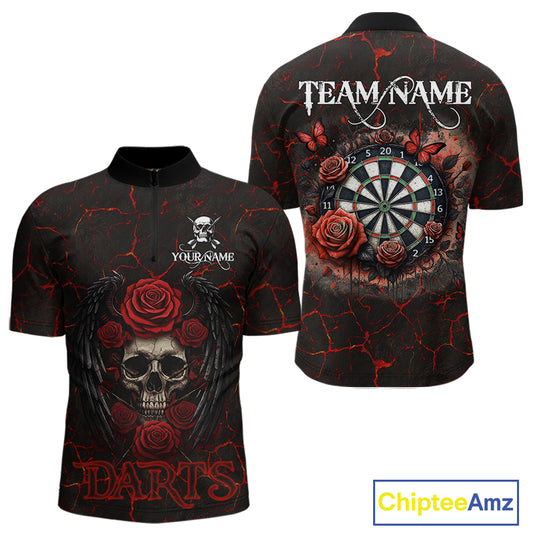 Personalized Skull And Roses Gothic Darts Shirt For Men Custom Red Dart Jersey Team Polo & 1/4 Zip TDM5041