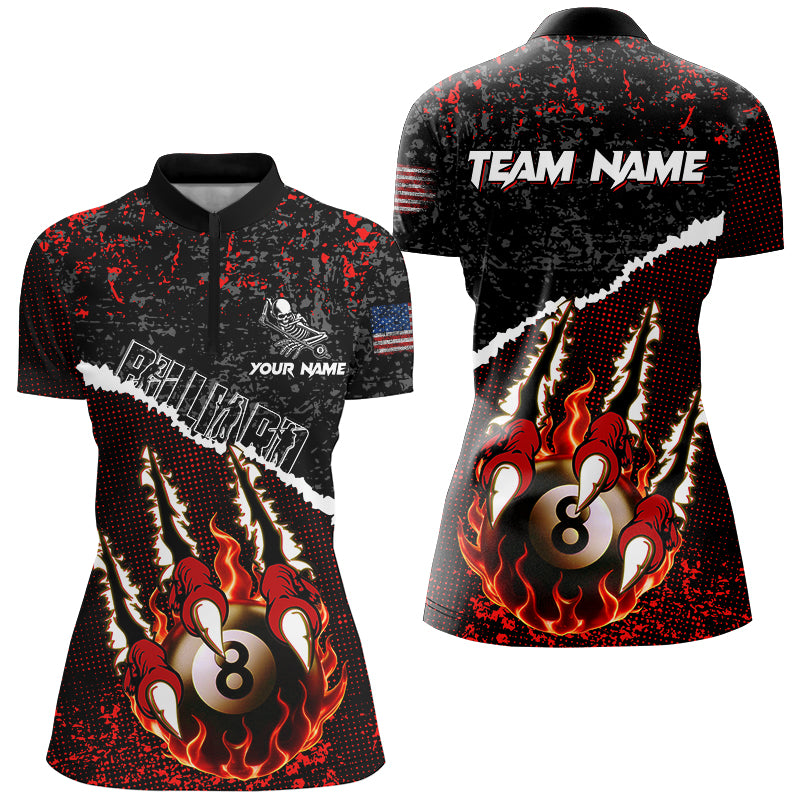 Funny Claws Custom Fire Flame 8 Ball Billiard Shirts For Women, Grunge Billiard Jerseys |Red TDM2794
