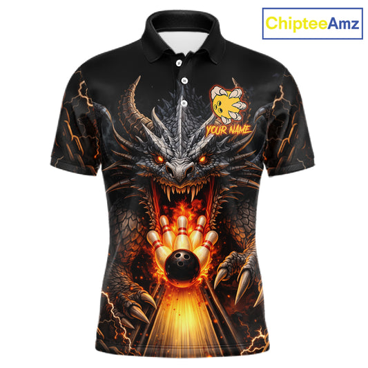 Black polo shirt with a fiery dragon, bowling ball and pins, plus a custom name design