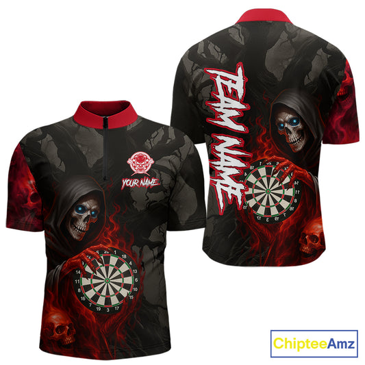 Red Grim Reaper Flame Darts Shirt For Men Custom Skull Darts Jersey Team Polo & Quarter Zip TDM5529